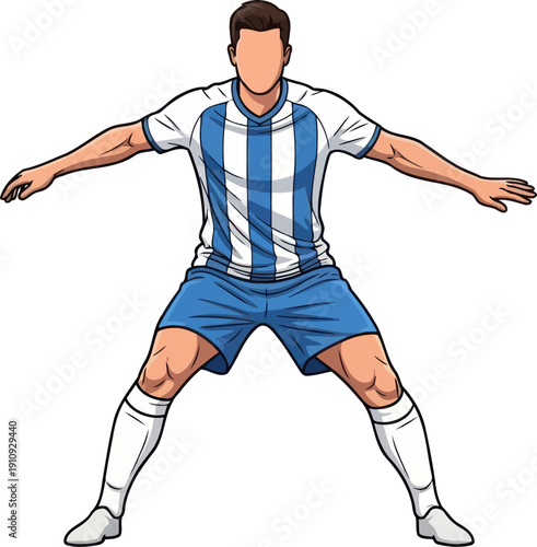 Focused soccer defender in a blue and white striped jersey standing in a defensive stance