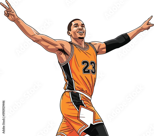 Joyful basketball player in orange jersey number 23 celebrating a victory with arms raised