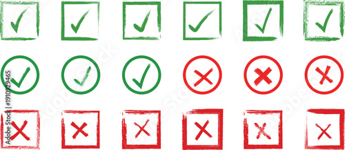 Checklist Tick Mark Icons Green Correct Approved Red Wrong Rejected Cross Symbols Set