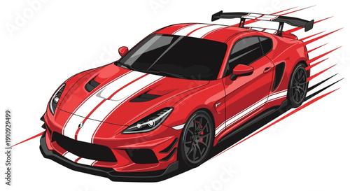 Red sports car speeding down the track with motion blur and dynamic graphics illustration
