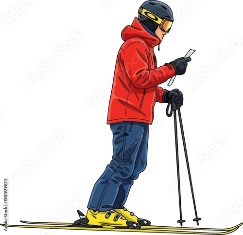 Prepared skier in red jacket standing on snow while checking a map for navigation