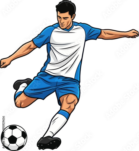 Powerful male soccer player in blue and white kit kicking ball with high intensity