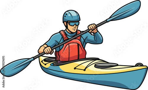 Safety conscious male kayaker paddling blue boat in calm water wearing helmet and vest