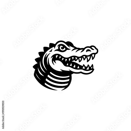 A bold black and white vector illustration of an alligator's head with a wide-open, toothy jaw. A powerful, high-contrast reptilian mascot isolated on a white background.