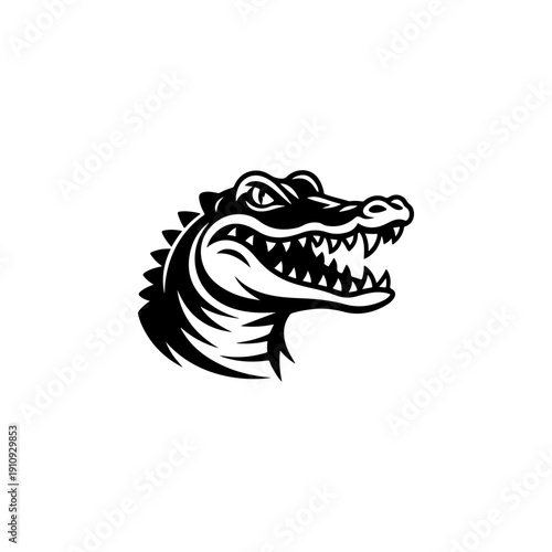 A bold black and white vector illustration of an alligator's head with a wide-open, toothy jaw. A powerful, high-contrast reptilian mascot isolated on a white background.