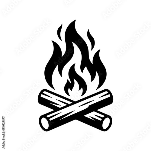 A clean black and white vector illustration of a campfire with burning logs and flickering flames. Minimalist high-contrast outdoor graphic isolated on a white background.