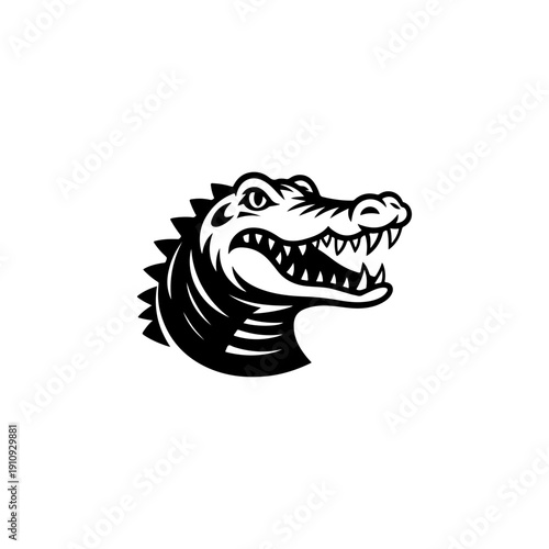 A bold black and white vector illustration of an alligator's head with a wide-open, toothy jaw. A powerful, high-contrast reptilian mascot isolated on a white background.