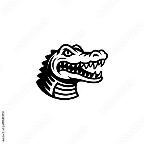 A bold black and white vector illustration of an alligator's head with a wide-open, toothy jaw. A powerful, high-contrast reptilian mascot isolated on a white background.