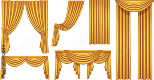 Collection of elegant golden striped curtains and drapes for interior decoration.