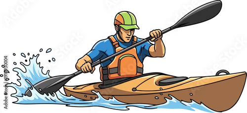 Adventurous male kayaker navigating through white water rapids in a yellow kayak with a paddle