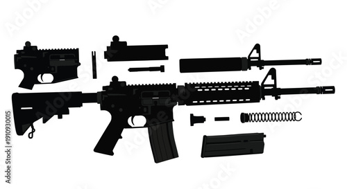Exploded view of a black ar 15 style assault rifle and components