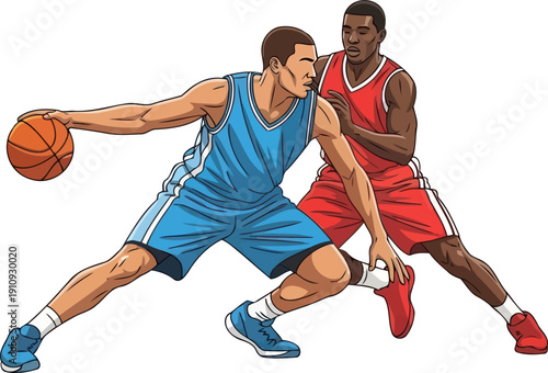 Two competitive basketball players engaged in an intense defensive play during professional game
