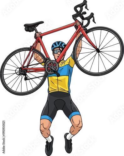 Triumphant male cyclist lifting his red bicycle over his head in a victory celebration