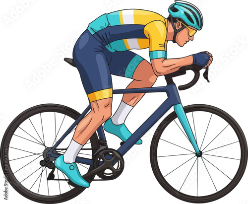Aerodynamic male triathlete cycling fast on racing bike during a long distance summer event