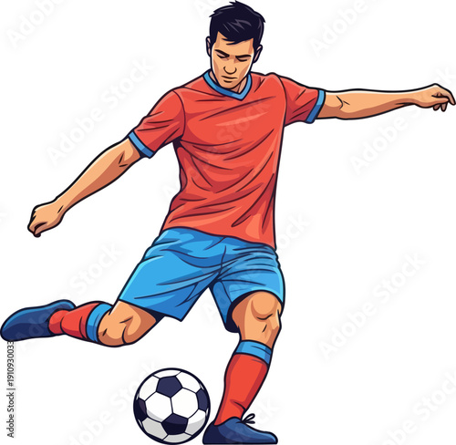 Athletic soccer player in a red shirt executing a powerful kick on a football field