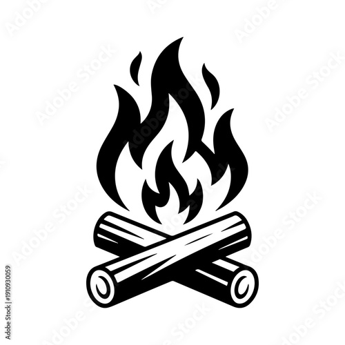 A clean black and white vector illustration of a campfire with burning logs and flickering flames. Minimalist high-contrast outdoor graphic isolated on a white background.