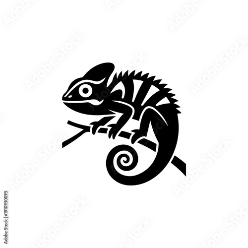 A sleek black and white vector illustration of a chameleon perched on a branch. Features a curled tail and bold striped patterns in a clean, minimalist graphic style.