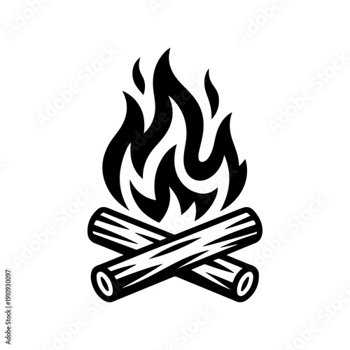 A clean black and white vector illustration of a campfire with burning logs and flickering flames. Minimalist high-contrast outdoor graphic isolated on a white background.
