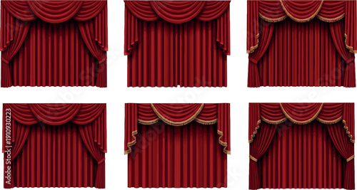 Collection of Six Red Velvet Stage Curtains with Gold Trim.