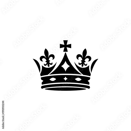 A majestic black and white vector illustration of a royal crown featuring fleur-de-lis elements and a cross on top. A clean, high-contrast heraldic symbol on a white background.