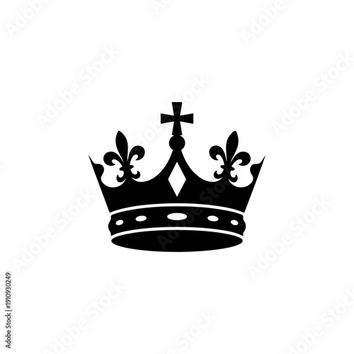 A majestic black and white vector illustration of a royal crown featuring fleur-de-lis elements and a cross on top. A clean, high-contrast heraldic symbol on a white background.