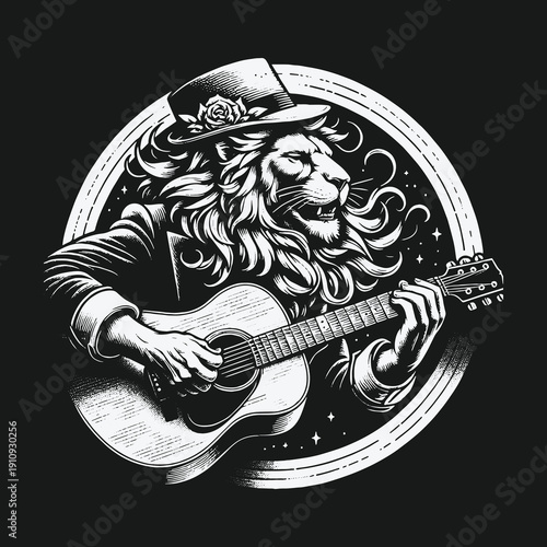 Lion Musician Playing Guitar in Black and White Illustration.