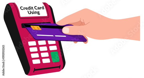 A hand holding a credit card over a card reader for a transaction