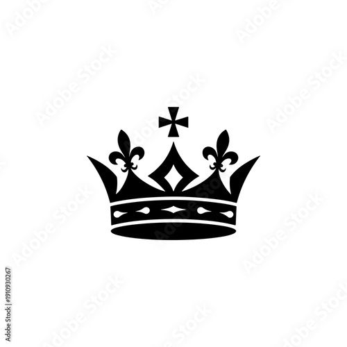 A majestic black and white vector illustration of a royal crown featuring fleur-de-lis elements and a cross on top. A clean, high-contrast heraldic symbol on a white background.