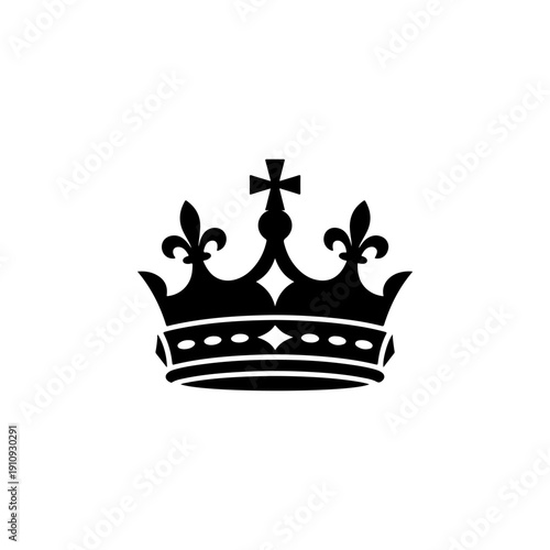 A majestic black and white vector illustration of a royal crown featuring fleur-de-lis elements and a cross on top. A clean, high-contrast heraldic symbol on a white background.