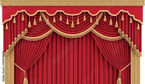 Luxurious Red Stage Curtains with Golden Trim and Tassels.