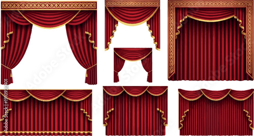 Luxurious Red Velvet Stage Curtains with Golden Trim Collection.