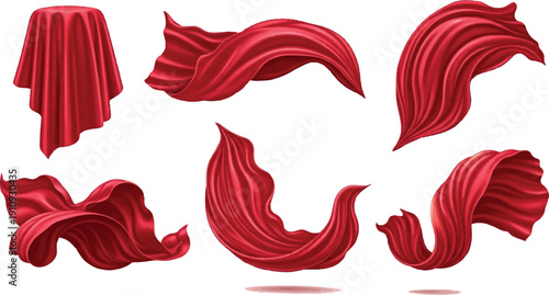 Set of flowing red silk fabric elements isolated on white background.