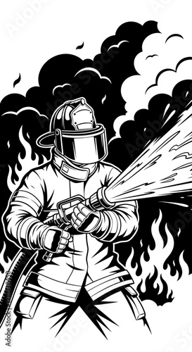 Firefighter in Action, Fighting Blazing Fire with Powerful Water Hose from a Close-Up Viewpoint