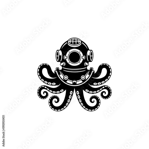 A detailed black and white vector illustration of a vintage deep-sea diver helmet combined with octopus tentacles. A clean, high-contrast nautical graphic icon.