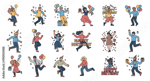 Cartoon People Celebrating with Confetti.
