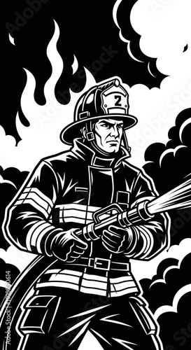 Firefighter in action, holding hose amidst smoke and flames, viewed from the side in a dramatic illustration
