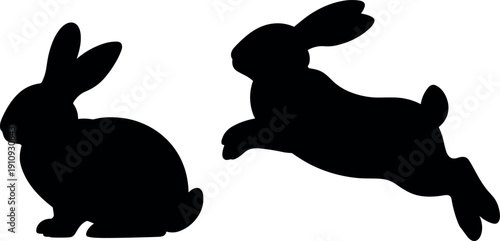 Professional black rabbit vector silhouette set featuring an adorable sitting bunny and a jumping rabbit isolated on white background.