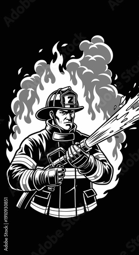 Valiant Firefighter Battles Blazing Inferno with Powerful Water Stream, Showcasing Bravery and Dedication in Emergency Response