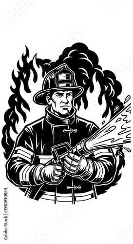 Dedicated Emergency Responder Extinguishing Flames with Powerful Water Jet - A Classic Illustration of Courage and Public Safety in Action