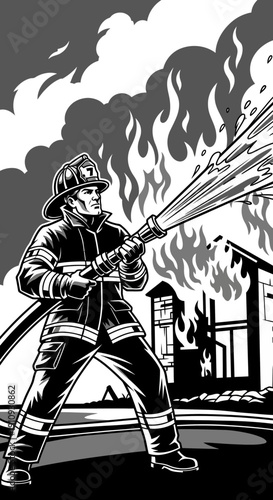 A courageous firefighter battles a raging blaze with a powerful hose stream, embodying heroism and dedication in the face of urban emergency and danger to protect the community