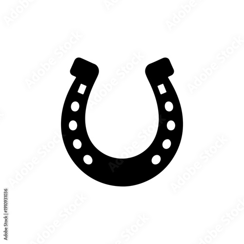 A clean black and white vector illustration of a classic horseshoe. Minimalist high-contrast graphic symbol of good luck and equestrian gear on a white background.