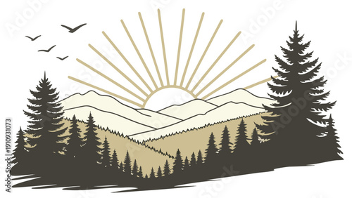 Golden Sunrise Over Mountain Landscape Vector Illustration