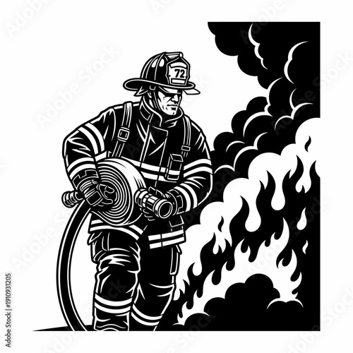 Black and white illustration of a firefighter holding a hose, ready to combat flames and smoke