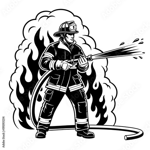 Dynamic illustration of a heroic firefighter bravely battling a blaze with a powerful hose, depicted in a striking monochromatic style to emphasize emergency response and safety