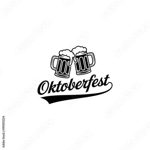 A classic black and white vector illustration for Oktoberfest featuring two foaming beer mugs clinking above stylized script. A festive, high-contrast holiday graphic.
