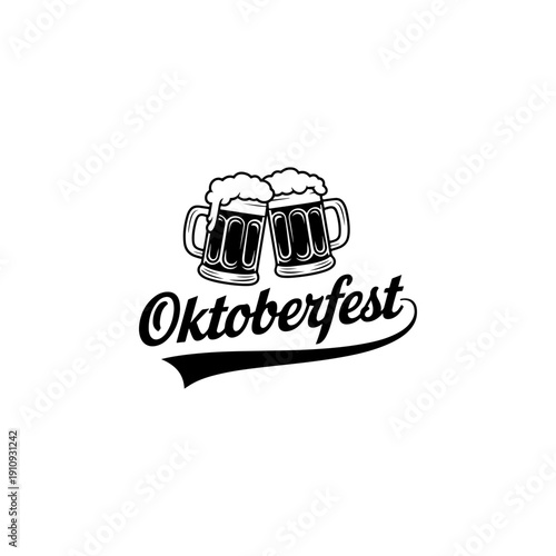 A classic black and white vector illustration for Oktoberfest featuring two foaming beer mugs clinking above stylized script. A festive, high-contrast holiday graphic.