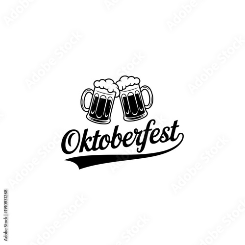 A classic black and white vector illustration for Oktoberfest featuring two foaming beer mugs clinking above stylized script. A festive, high-contrast holiday graphic.