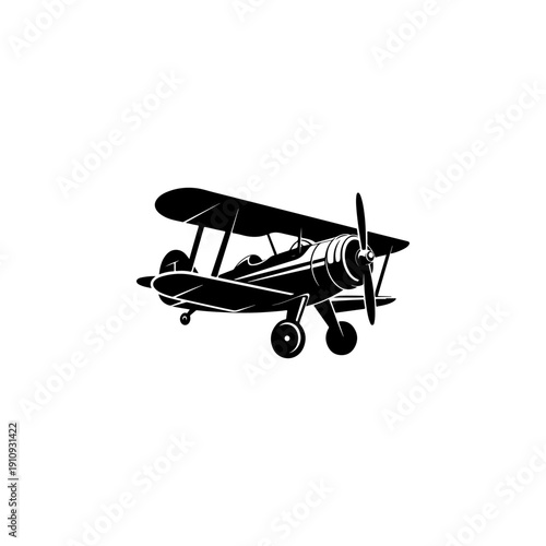 A detailed black and white vector illustration of a vintage biplane with a propeller. A clean, high-contrast retro aviation icon isolated on a white background.