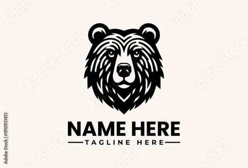 A black and white illustration of a bear's head with a placeholder text for a name and tagline on a beige background, featuring a logo, vector, and pictogram design.