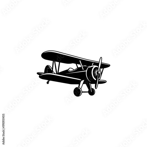 A detailed black and white vector illustration of a vintage biplane with a propeller. A clean, high-contrast retro aviation icon isolated on a white background.